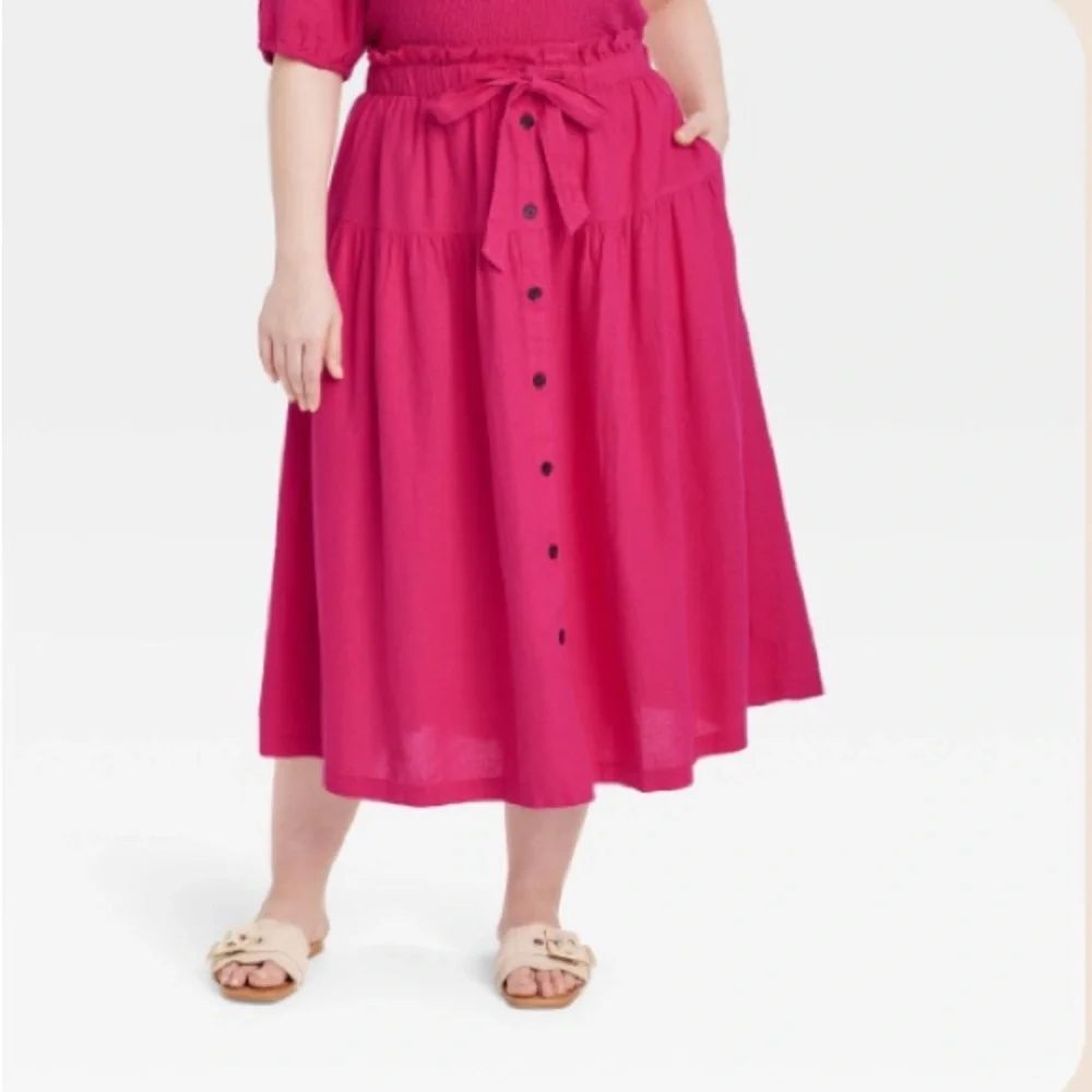 NWT Universal Thread Bright Pink Button Down Skirt w/Paper Bag Drawstring Waist - Picture 1 of 9